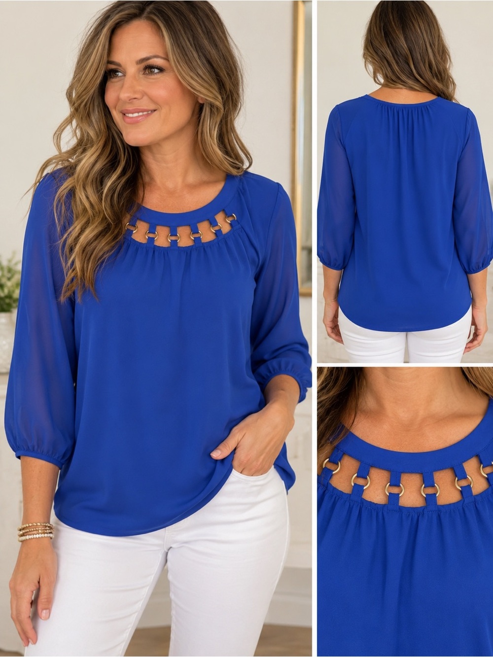 Womens Cobalt Blue Scoop Neck Blouse with Chain Detail